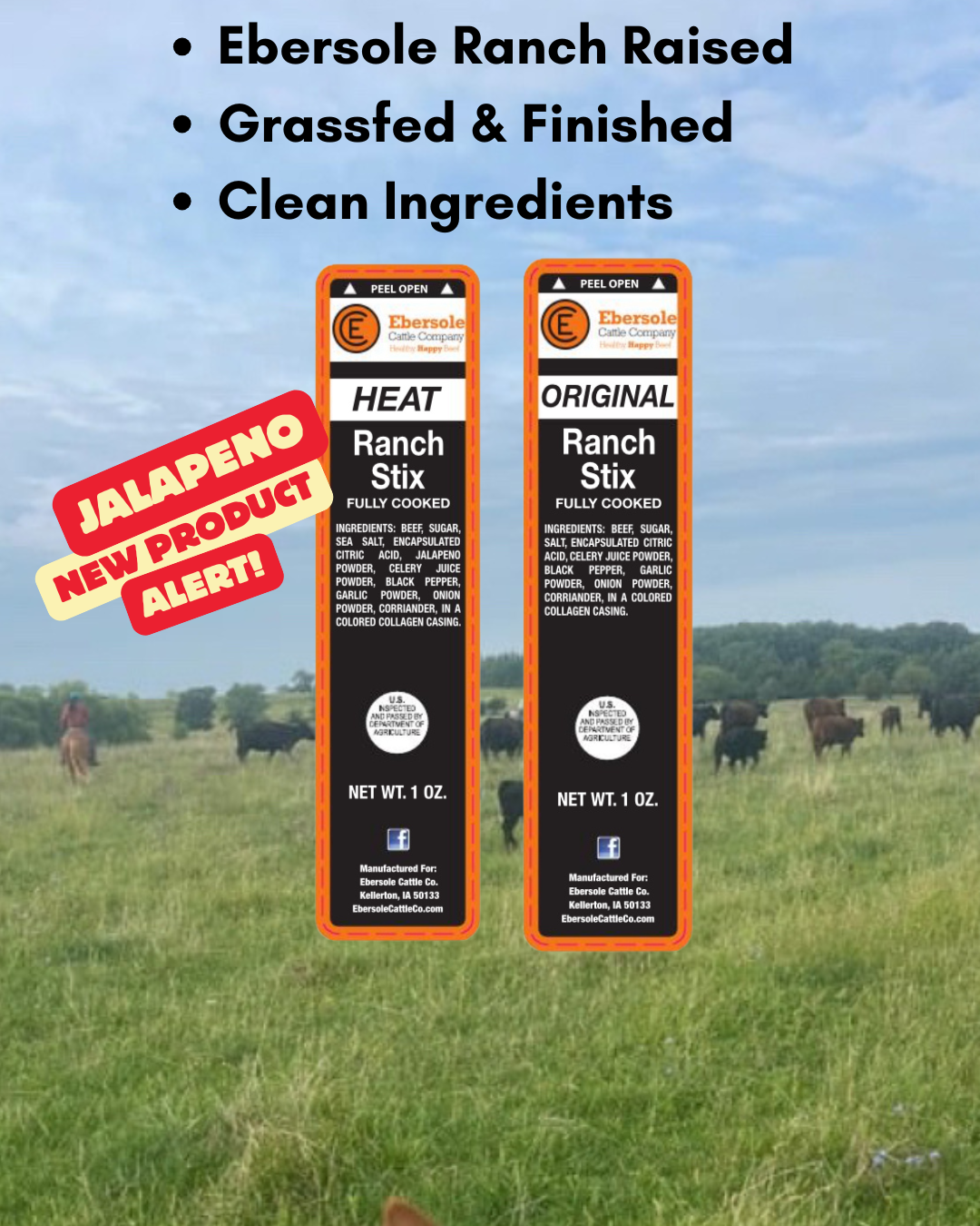 Two Ranch Stix packages with a background of a grassy field and cows.