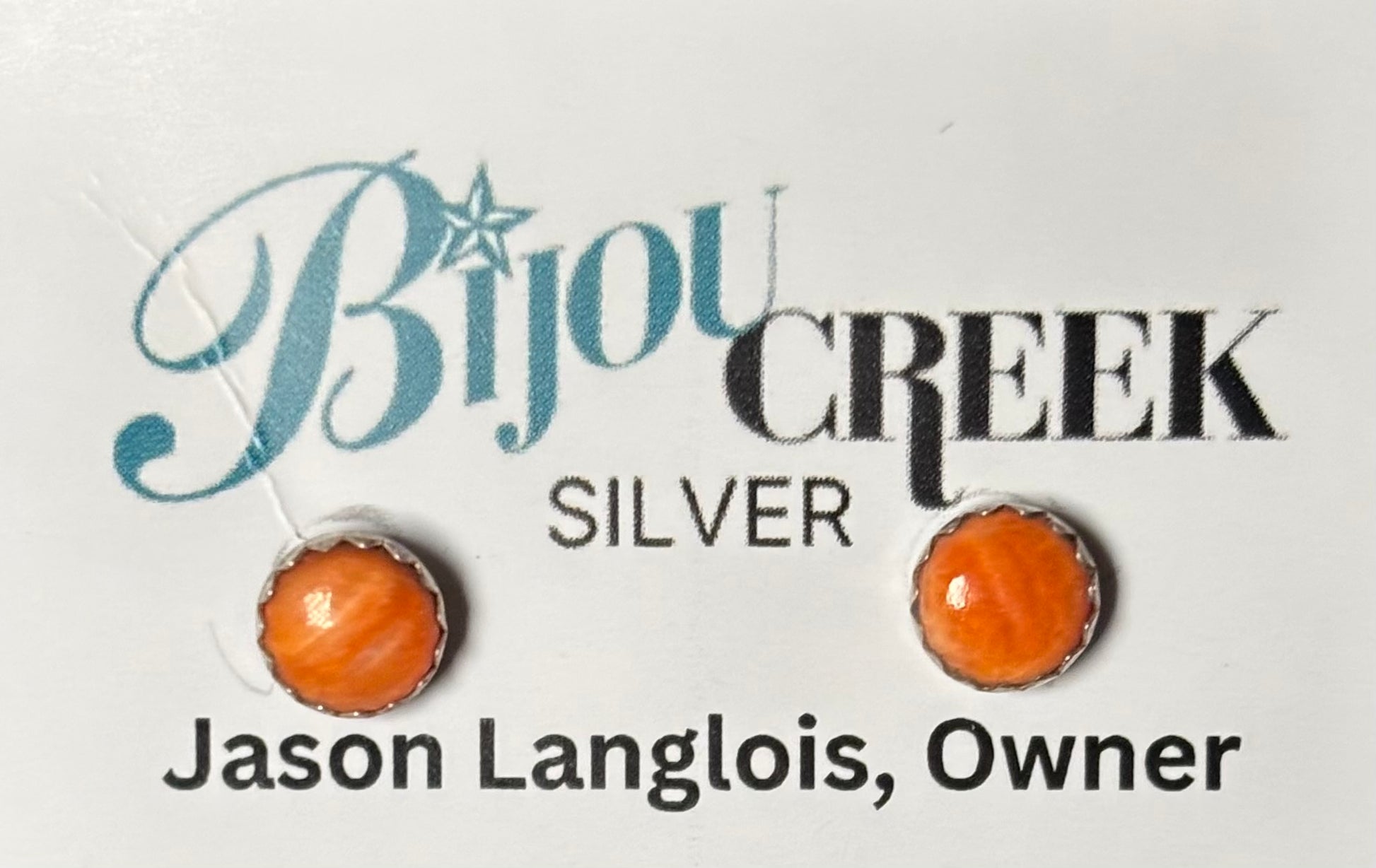 Bijou Creek Silver earrings on a white background with brand name and owner's name.