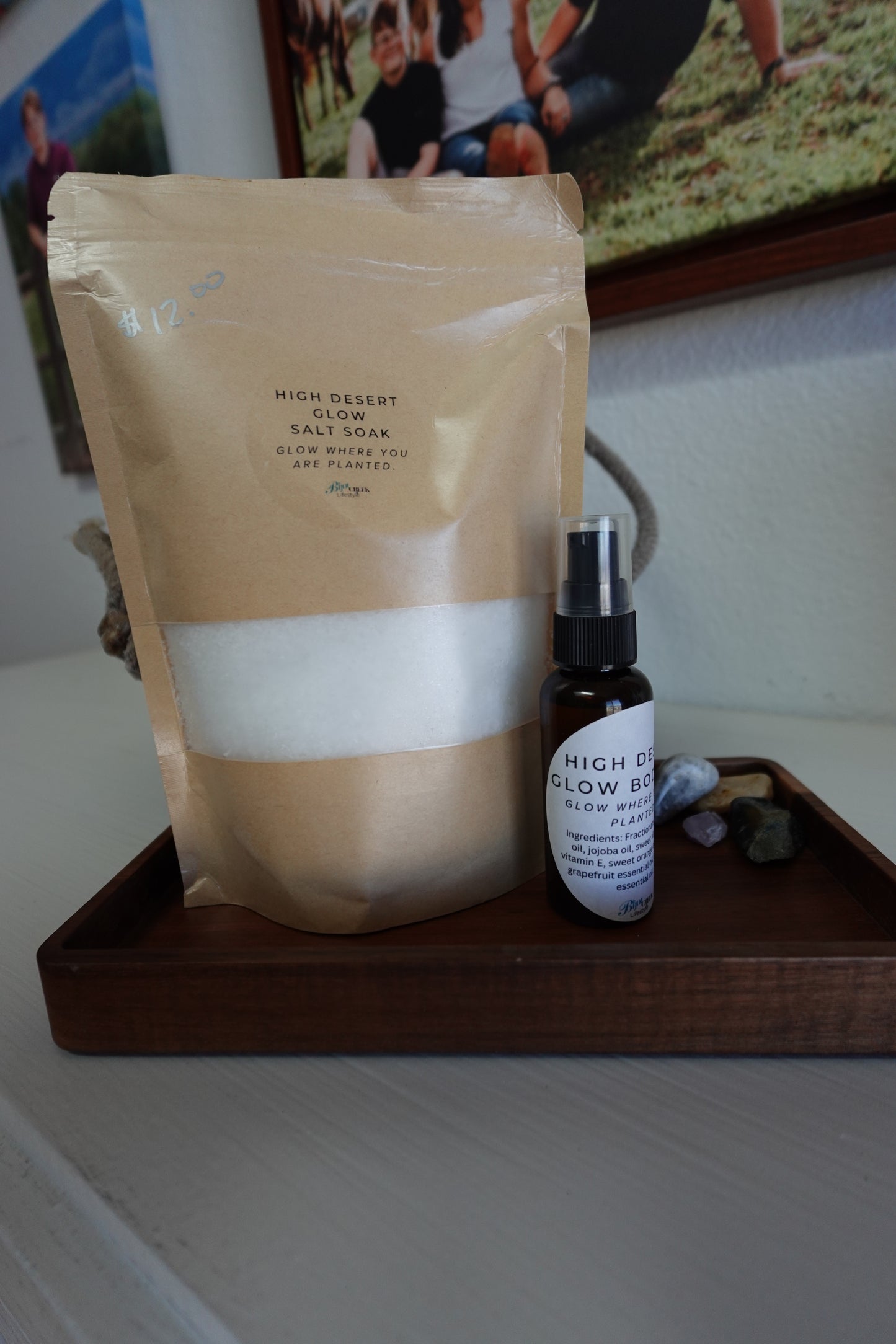 Beige product packaging with a white label on a wooden shelf.