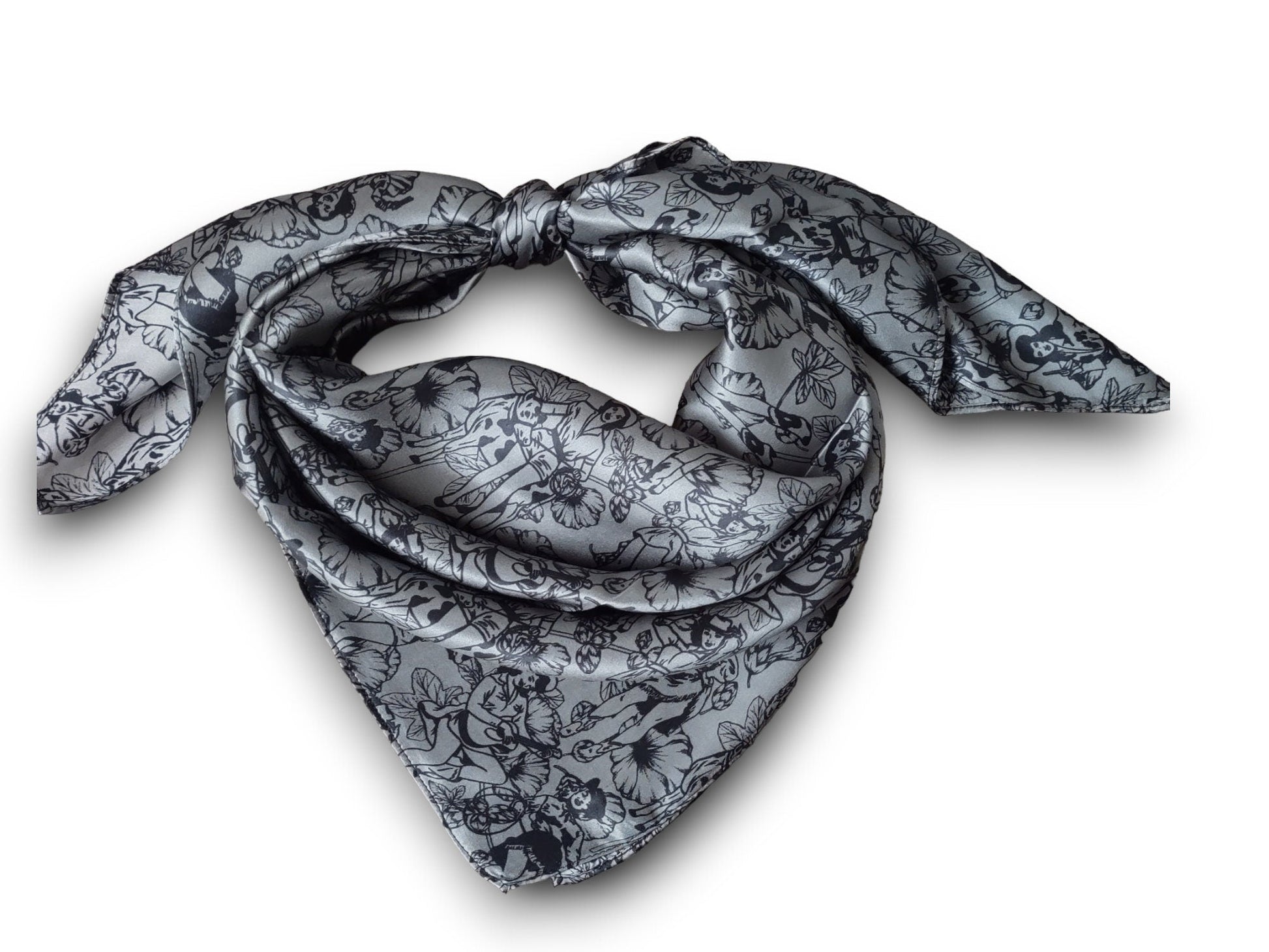 Gray floral patterned scarf on a white background